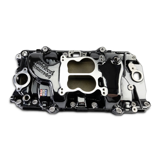 Performer 2-O Manifold for 1965-90 B/B Chevy Oval Port Heads, Black Plasma by Edelbrock
