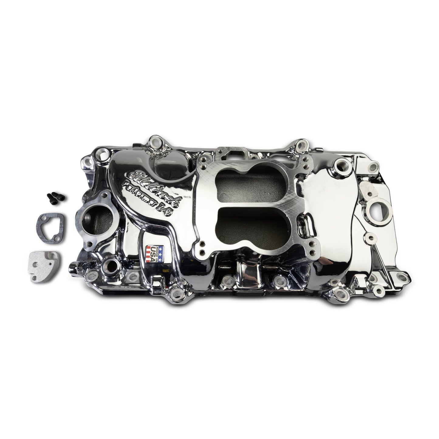 Performer 2-O Manifold for 1965-90 B/B Chevy Oval Port Heads, Chrome Plasma by Edelbrock
