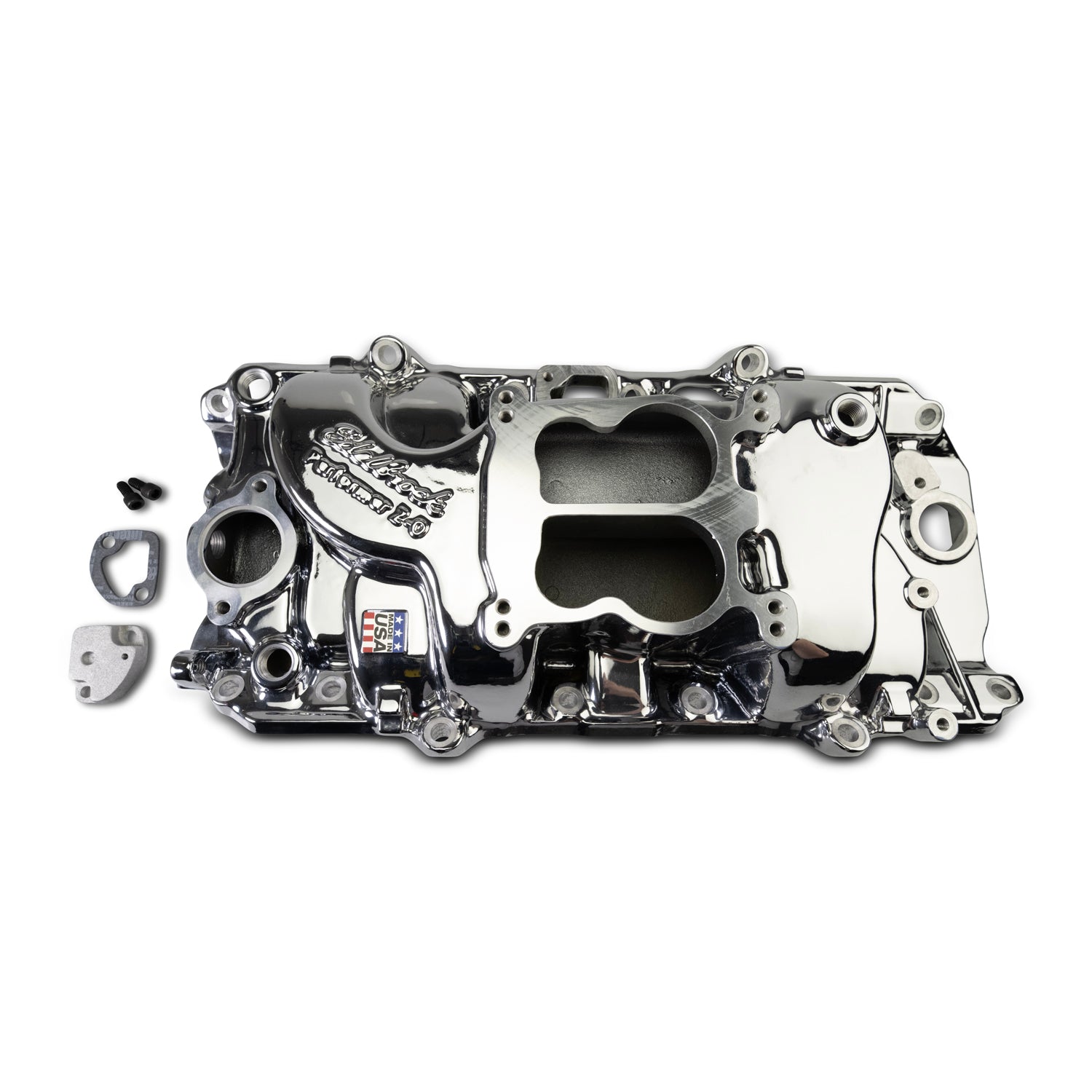 Performer 2-O Manifold for 1965-90 B/B Chevy Oval Port Heads, Chrome Plasma by Edelbrock