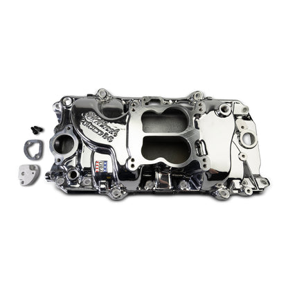 Performer 2-O Manifold for 1965-90 B/B Chevy Oval Port Heads, Chrome Plasma by Edelbrock