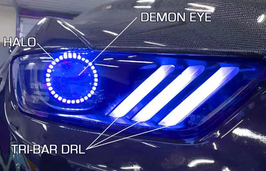 2015-2017 Ford Mustang Pre-Assembled Headlights -Dynamic ColorSHIFT RGB+A -Black Edition by ORACLE Lighting